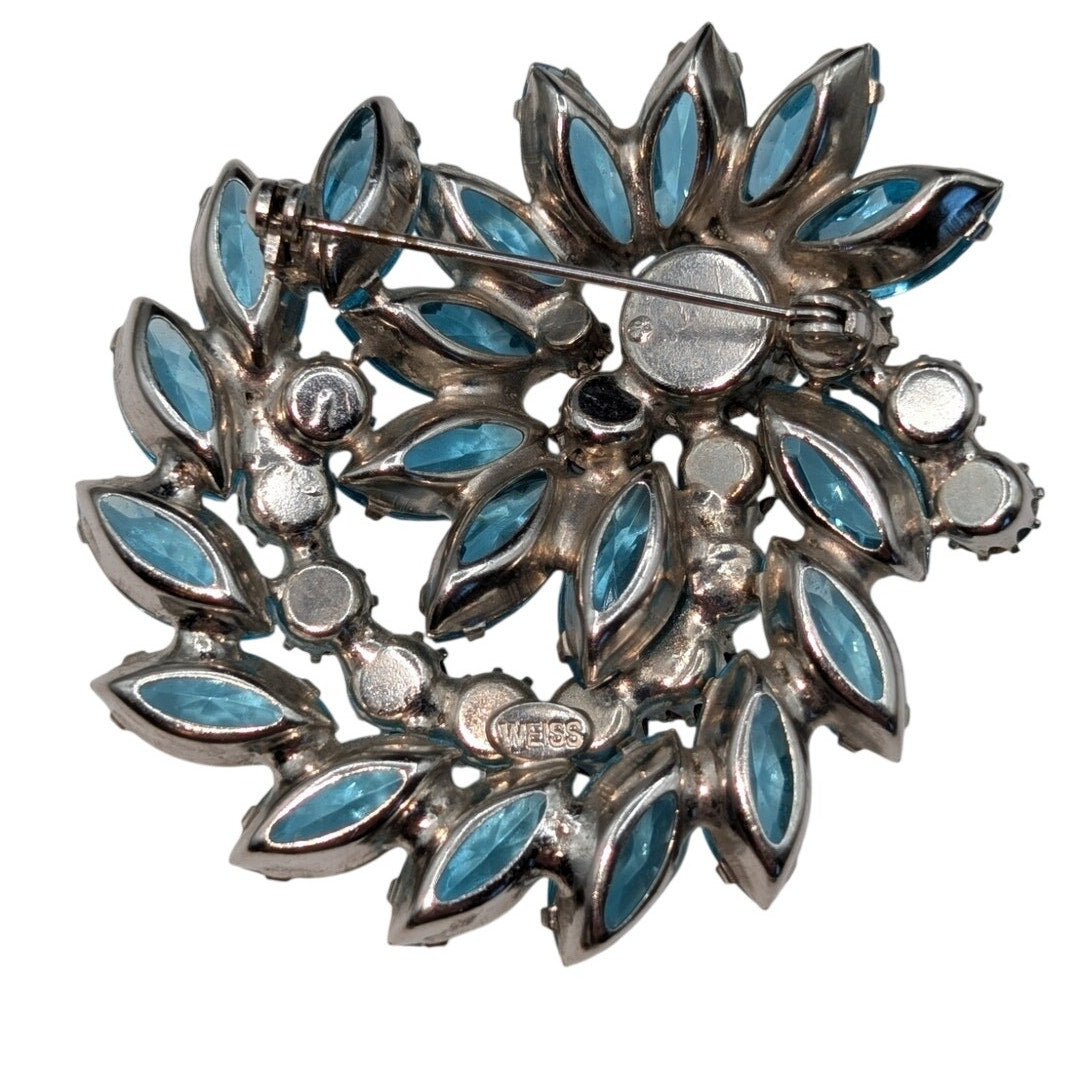Vintage Signed Weiss Blue & AB Rhinestone Large Brooch