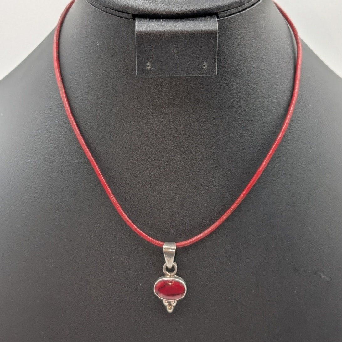 Vtg 925 Sterling Mexican Taxco Red Jasper Pendant Red Leather Cord Necklace