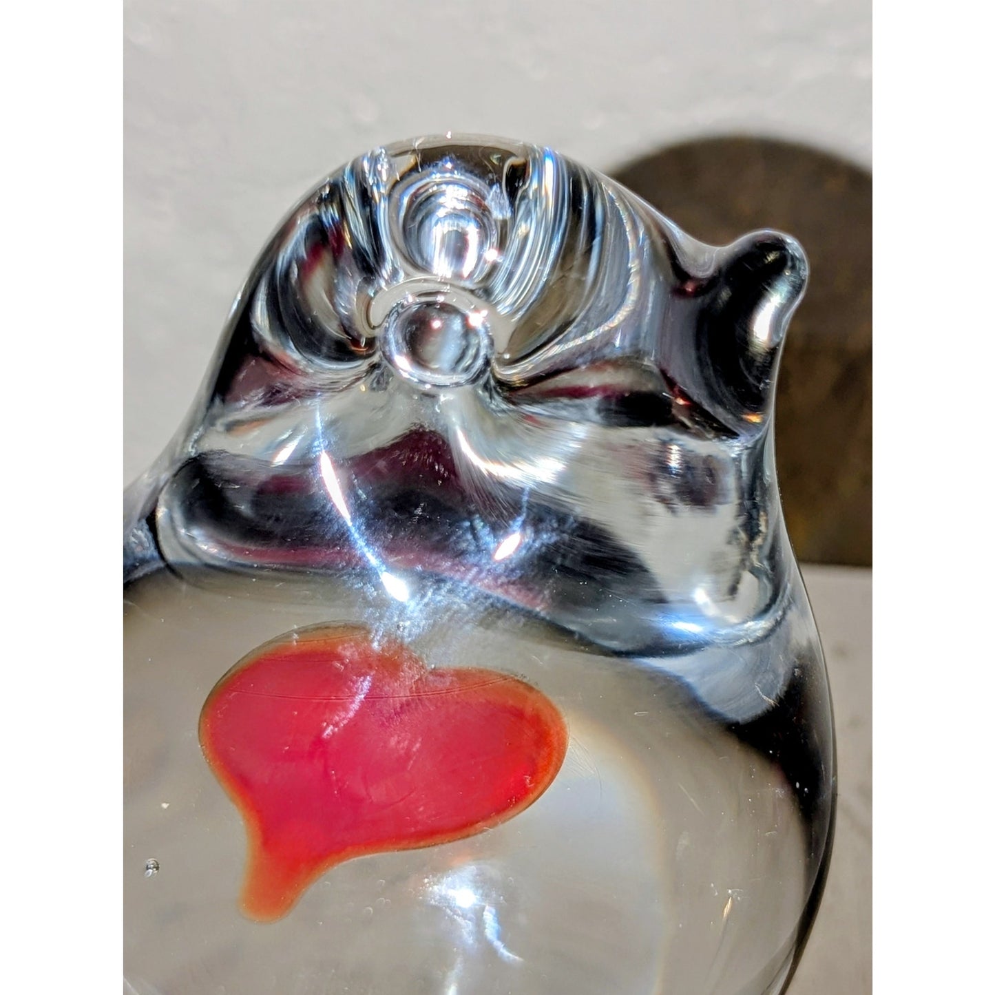 Made in Sweden Clear Art Glass Bird W/ Red Heart Paperweight Figurine