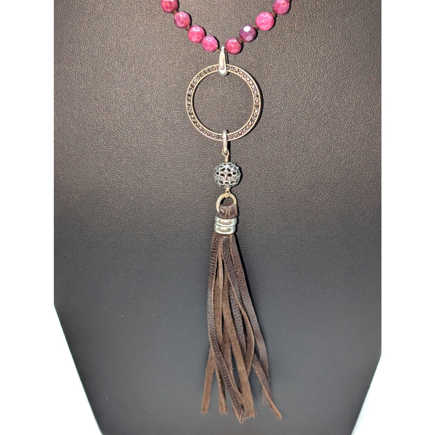 Lucky Brand Boho Wine Crystal Rhinestone Leather Tassel 34"-35.5" Necklace