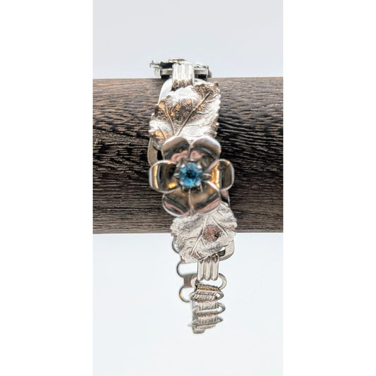 Vintage Silver Tone Blue Crystal Flower Leaf Chain Fold Over Clasp Bracelet