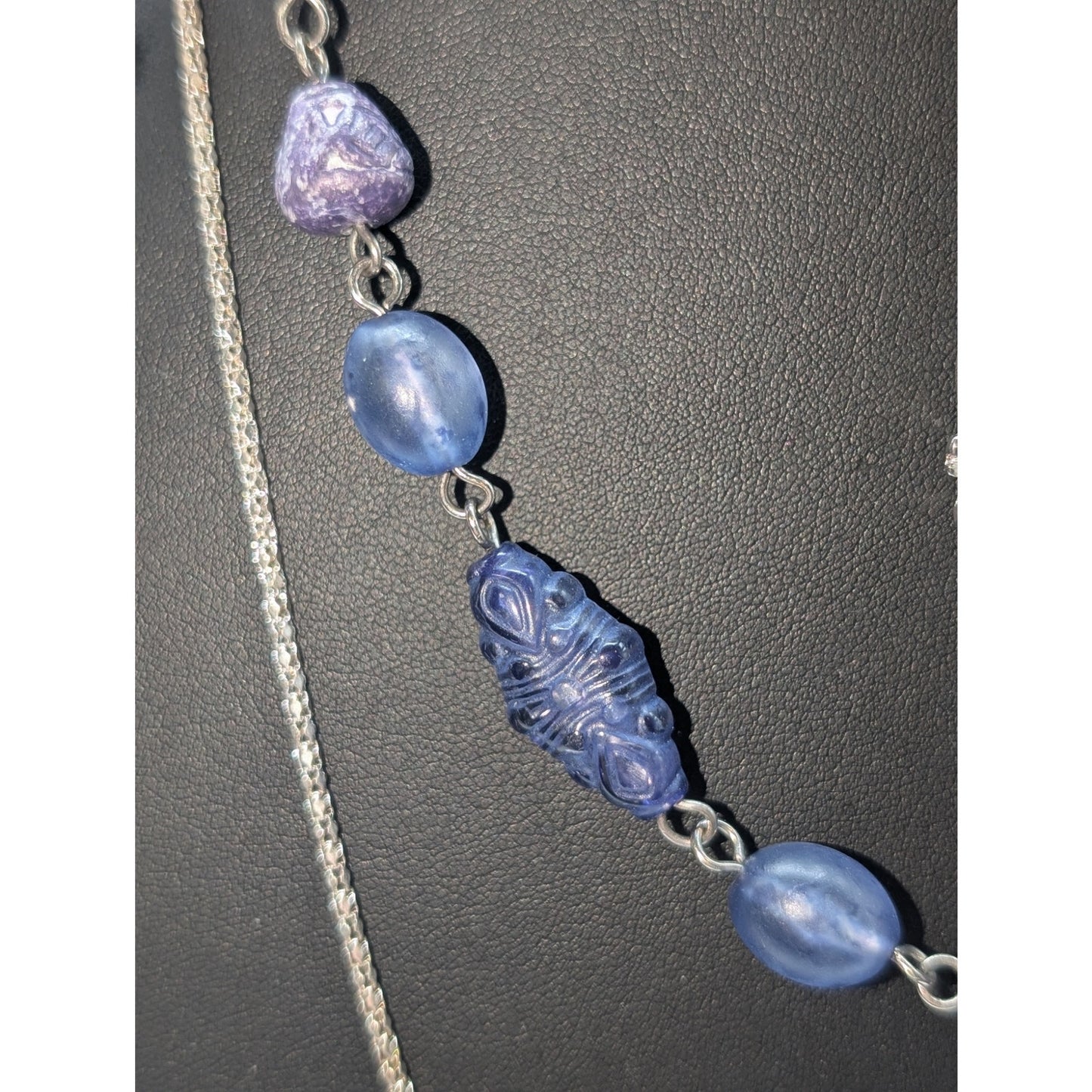 Lot of Three Silver Tone Necklaces --Vtg Long Chain Purple Bead & Charm Pendant