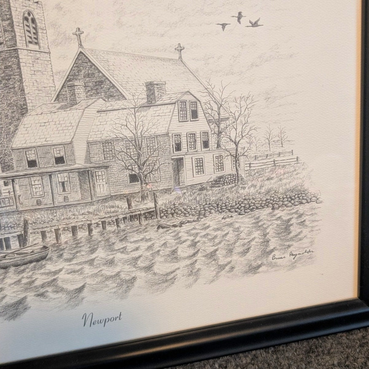 Original Artist Bruce Reynolds Signed Black Wood Frame Pencil Drawing 'Newport'