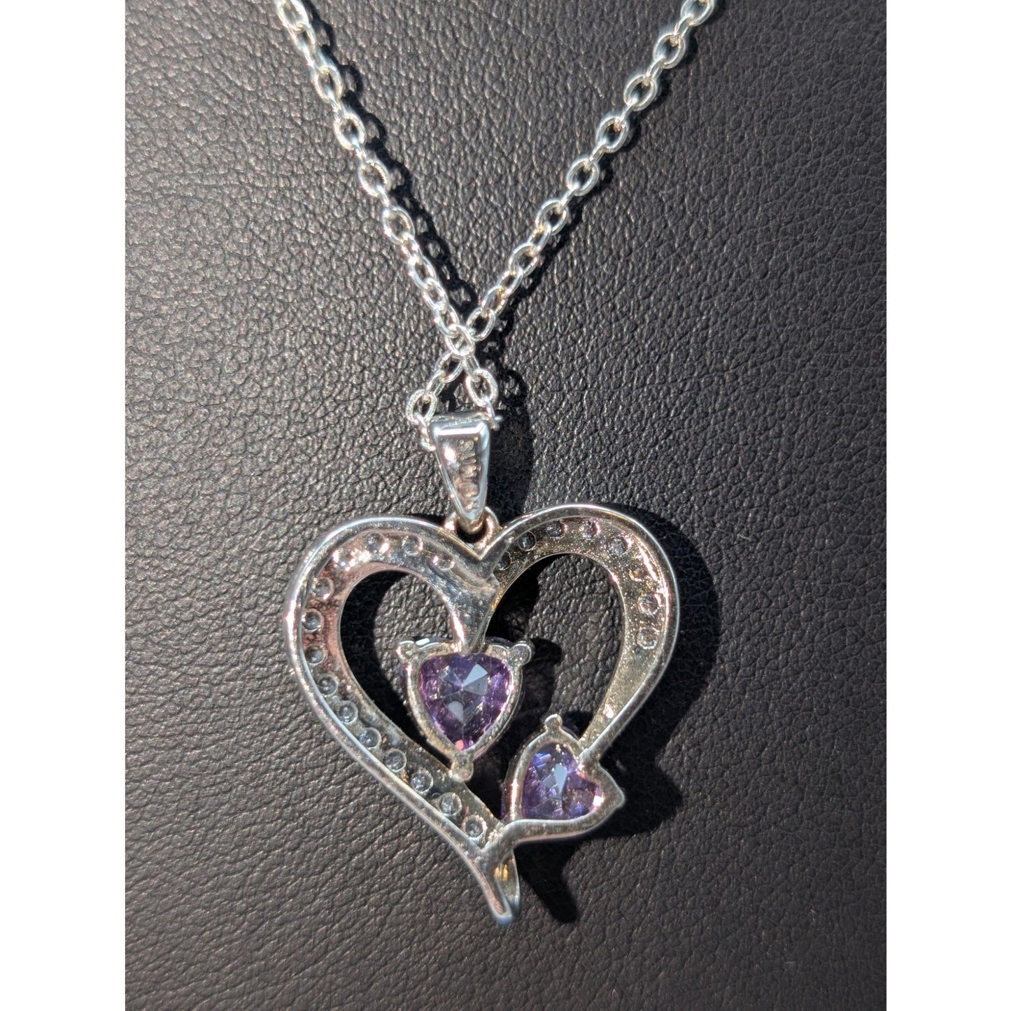 Two Purple Crystal Hearts Within A CZ Studded Heart Silver Tone Pendant Necklace