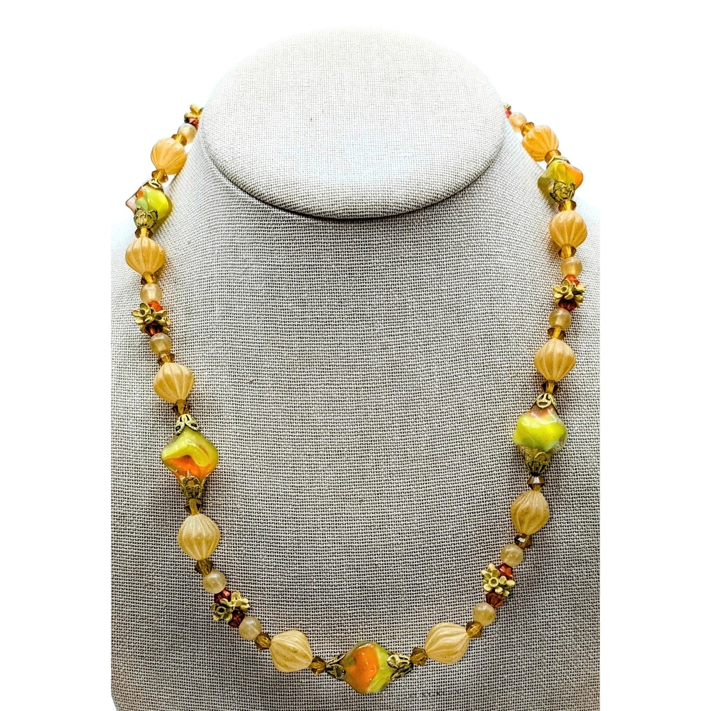 Vintage/Antique Yellow Orange Cream Glass Bead 18"  Necklace