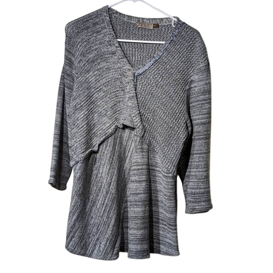Zele 100% Flax Variegated Gray V-Neck Raw Edge Lightweight Sweater Women Sz XXL