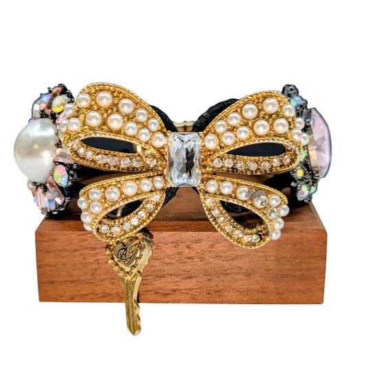 Betsey Johnson Faux Pearl Rhinestone Embellished Bow Hinged Cuff Bracelet