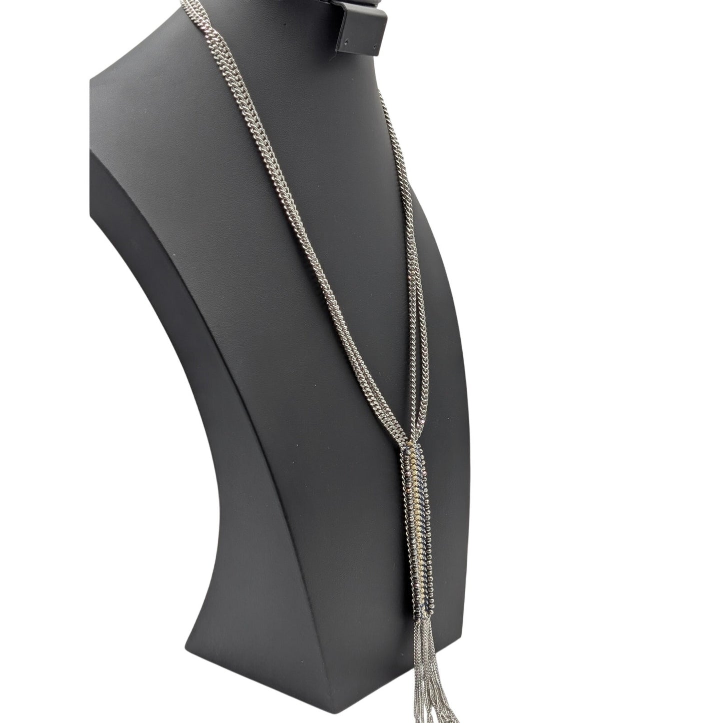 Stella & Dot Tessa Fringe Double Silver Tone Chain Long Tassel Necklace