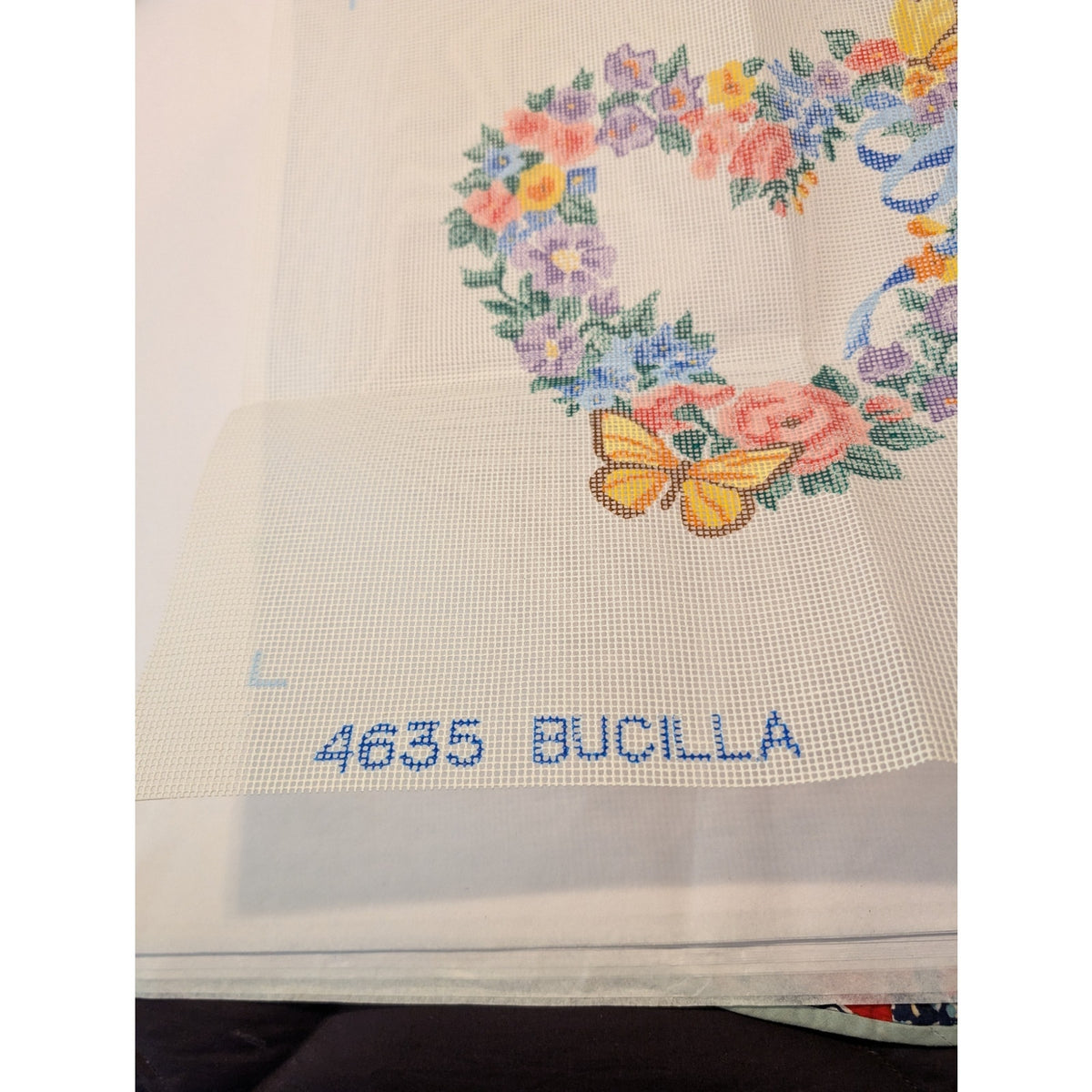 Vtg Bucilla Needlepoint Butterfly Wreath Mesh Design 1990 14" x 14" 4635