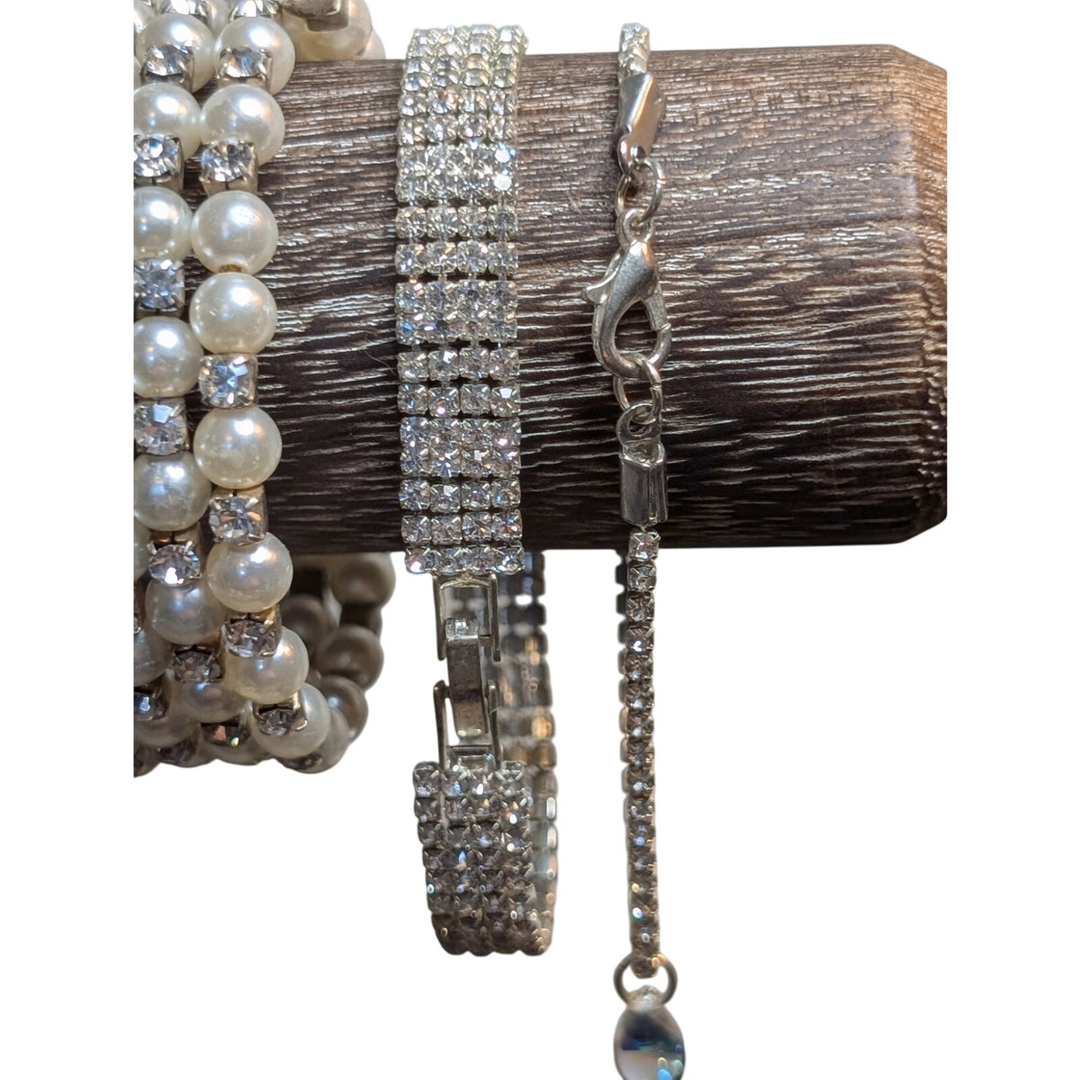 Lot of Four Vintage Pearl Rhinestone Silver Tone Bracelets