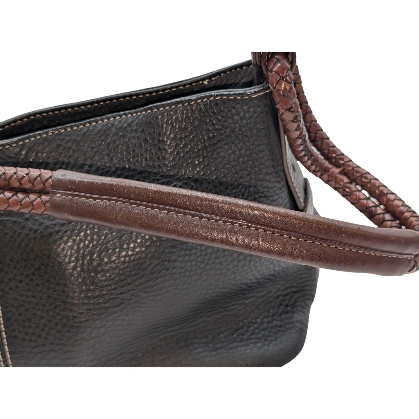 Vintage Fossil Black Brown Pebbled Leather Braided Handle Shoulder Bag