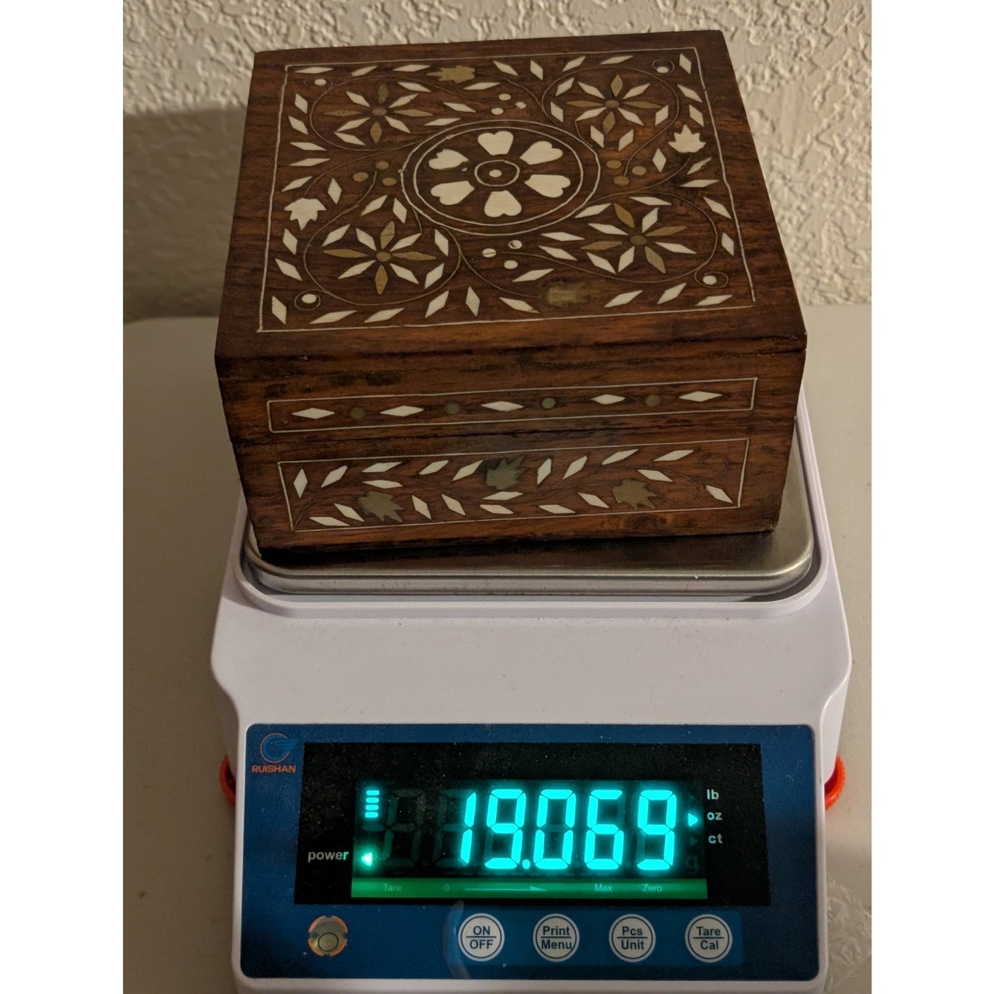 Wood Inlay Hinged Trinket 6" Square Box