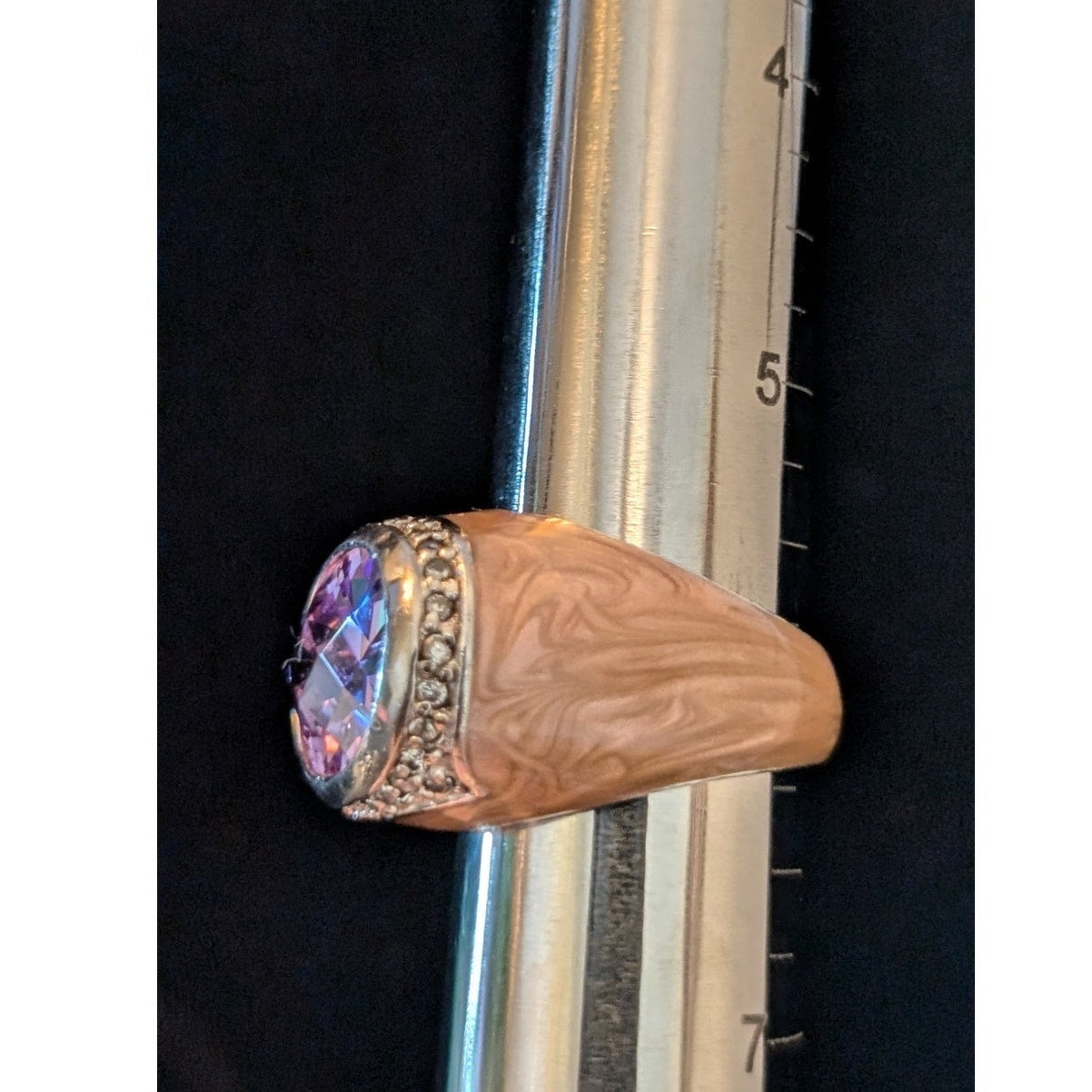Signed LGA 925 Enamel Faceted Purple Crystal Center Stone Cocktail Ring Sz. 6