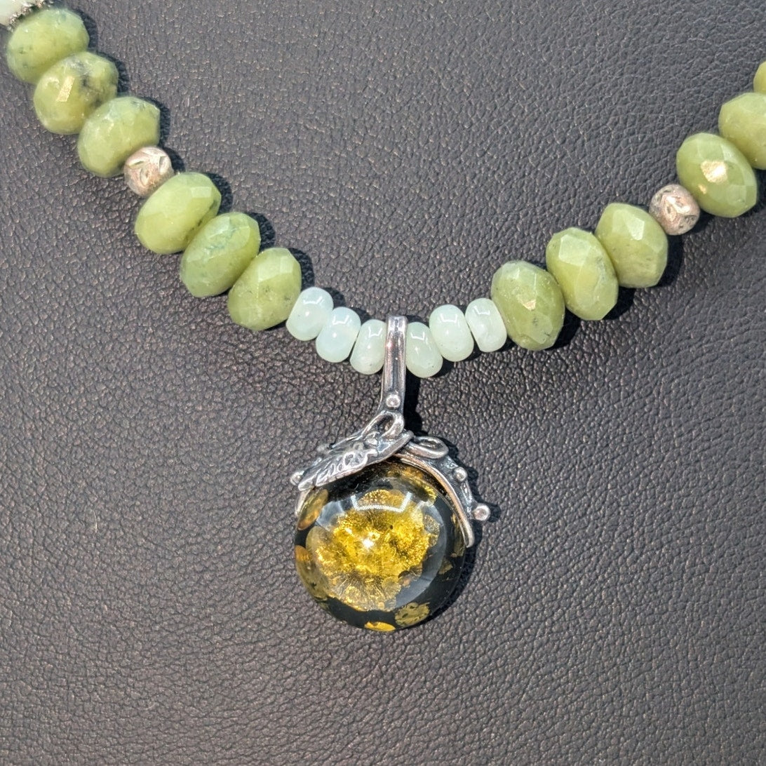 925 Sterling Silver Green Gemstone Bead Green Amber Pendant Necklace