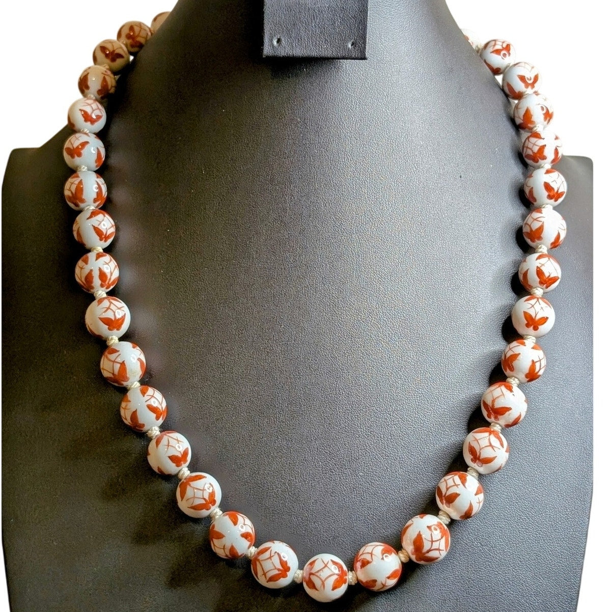 Vintage Mid Century Japanese Porcelain Butterfly Bead Hand-knotted 26" Necklace