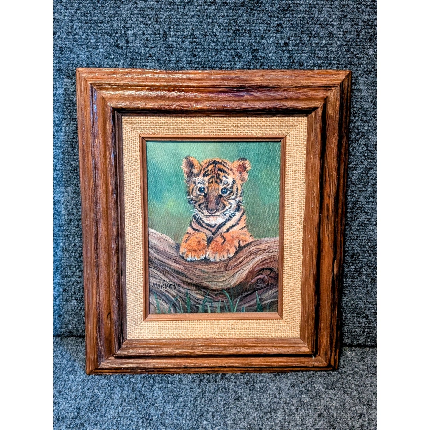 Vintage Original Wood Framed Baby Tiger Oil Painting on Canvas Signed Marianne