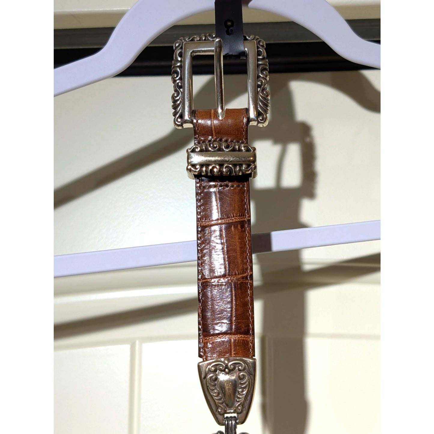 Vtg RARE 1996 Brighton Brown Croc Embossed Silver Chain Link Belt Womens Sz M