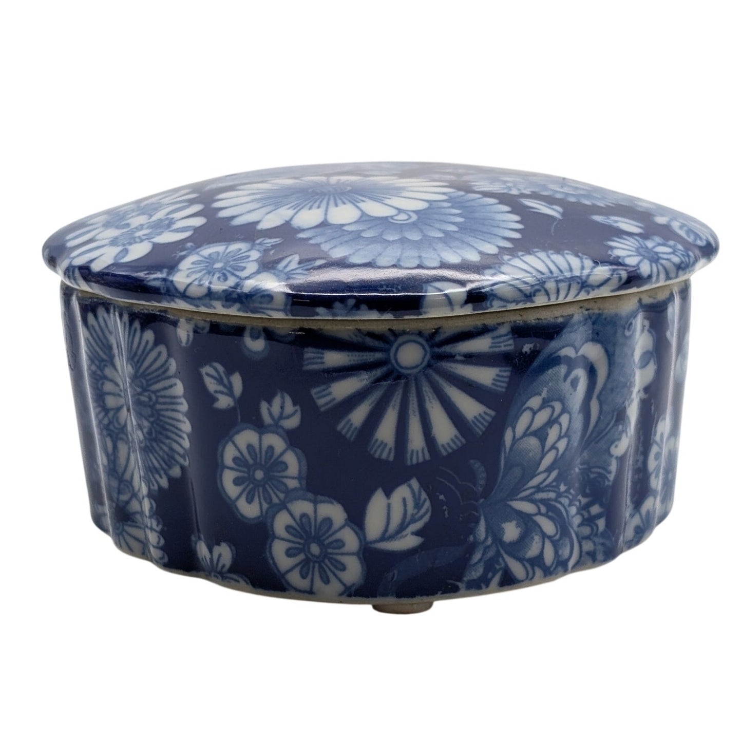 Vintage Blue & White Floral Butterfly Ceramic Trinket Box W/ Lid