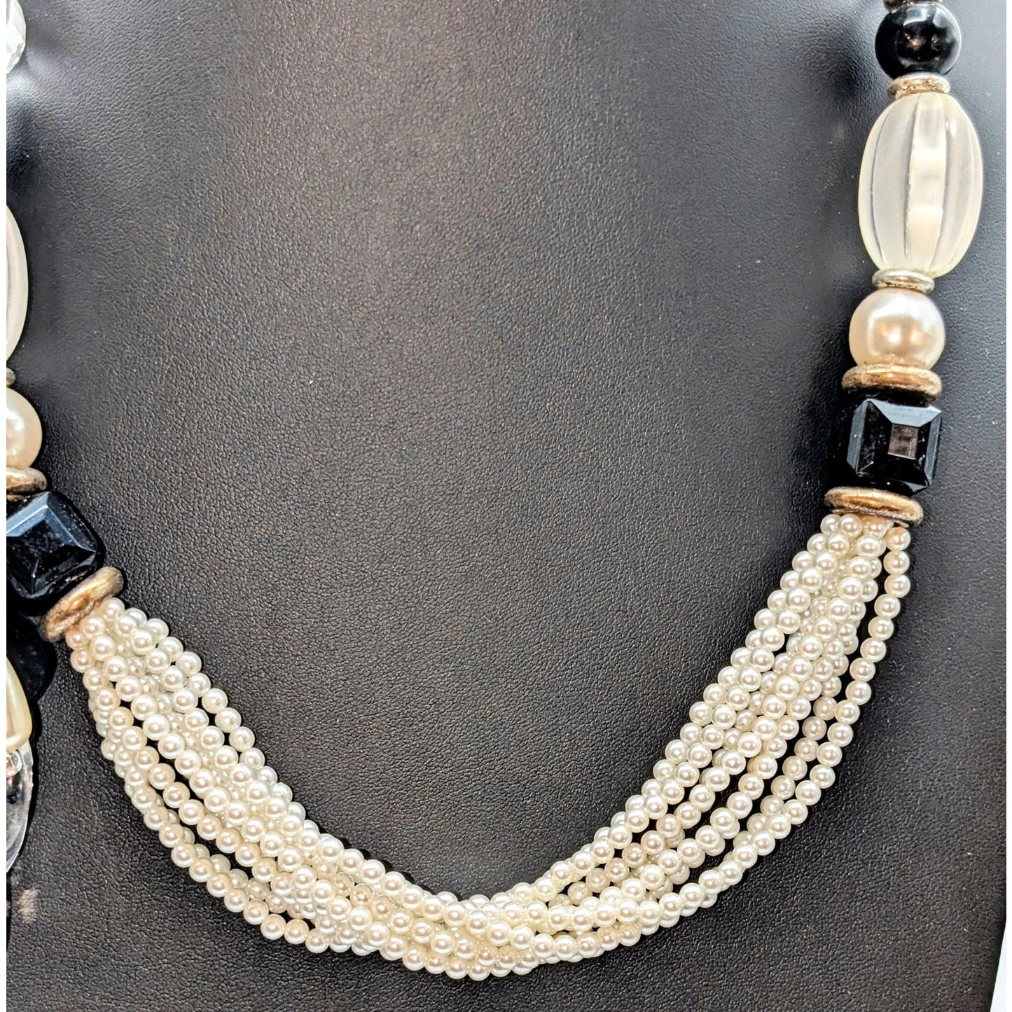 Vintage Black Clear Faux Pearl Multi Strand Side Tassel Hook Clasp 26" Necklace