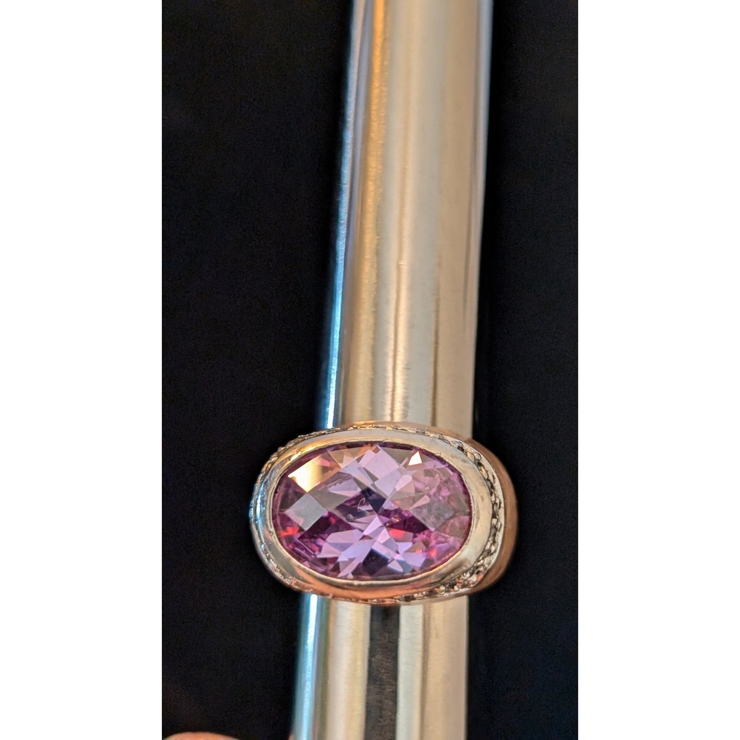 Signed LGA 925 Enamel Faceted Purple Crystal Center Stone Cocktail Ring Sz. 6