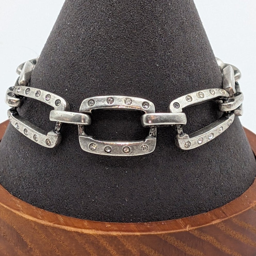 Chico's Silver Tone Crystal Rectangle Chain Link Magnetic Closure Bracelet