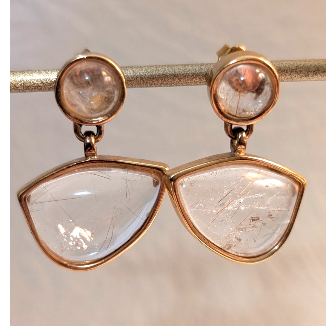 Gold-Plated Rutilated Quartz Geometric Dangle Post Earrings