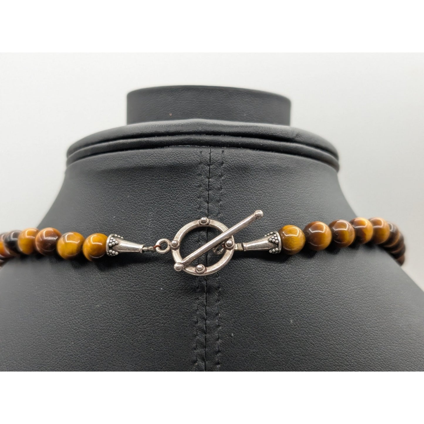 Vtg 925 Sterling Tiger's Eye Beaded Bezel Set Pendant Toggle Clasp 20" Necklace