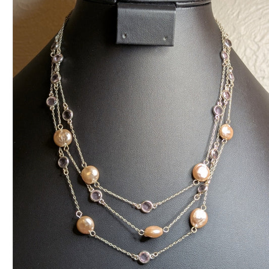 Silver Tone Pink Faux Pearl Pink Crystal Three Strand 16.5"-18.5" Necklace
