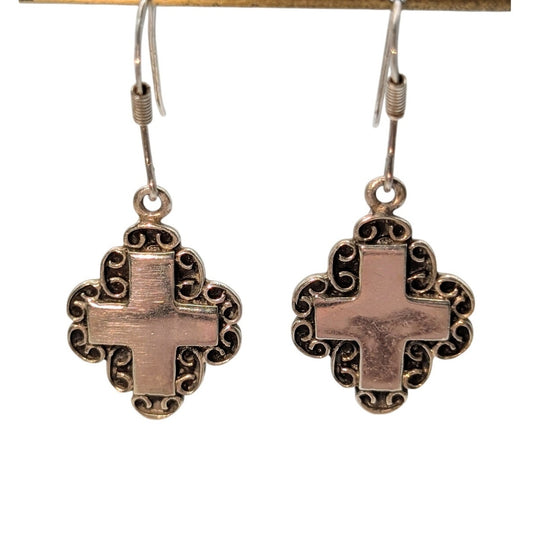 Vintage 925 Sterling Silver Filigree Fancy Cross Earrings
