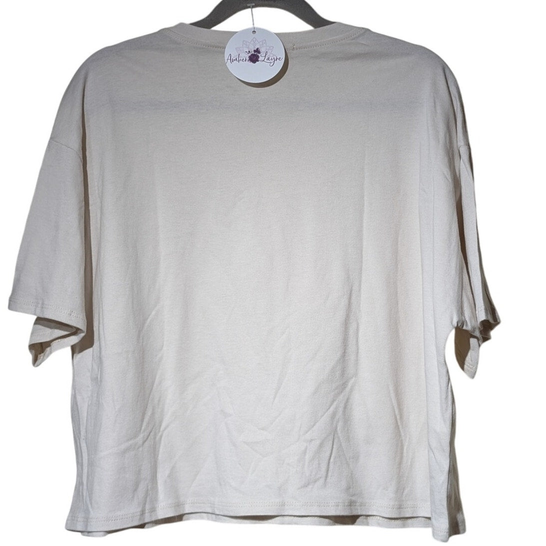 Tres Bien Ecru Script Tee Crop Oversized Shirt Womens Size S/M NWT