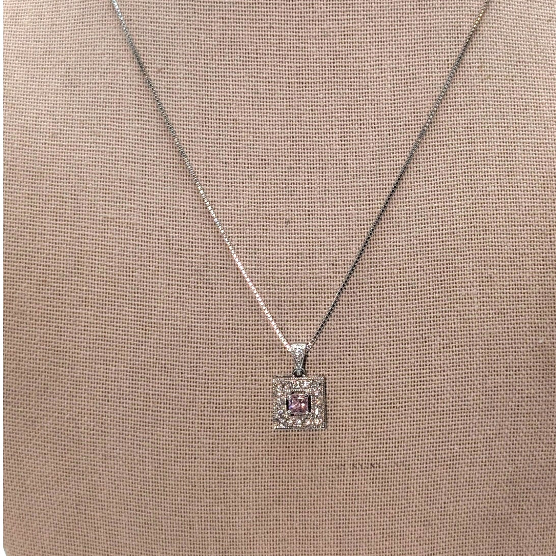 925 Sterling Silver Pink Square Crystal CZ Surround Square Pendant 18" Necklace