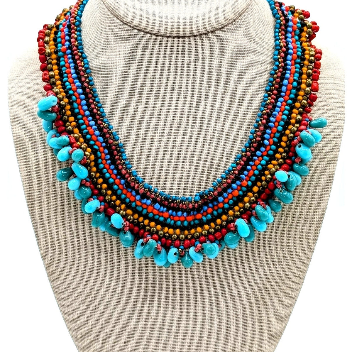 Multi-Color Woven Beaded Necklace W/ Turquoise Teardrop Dangle Bib Necklace