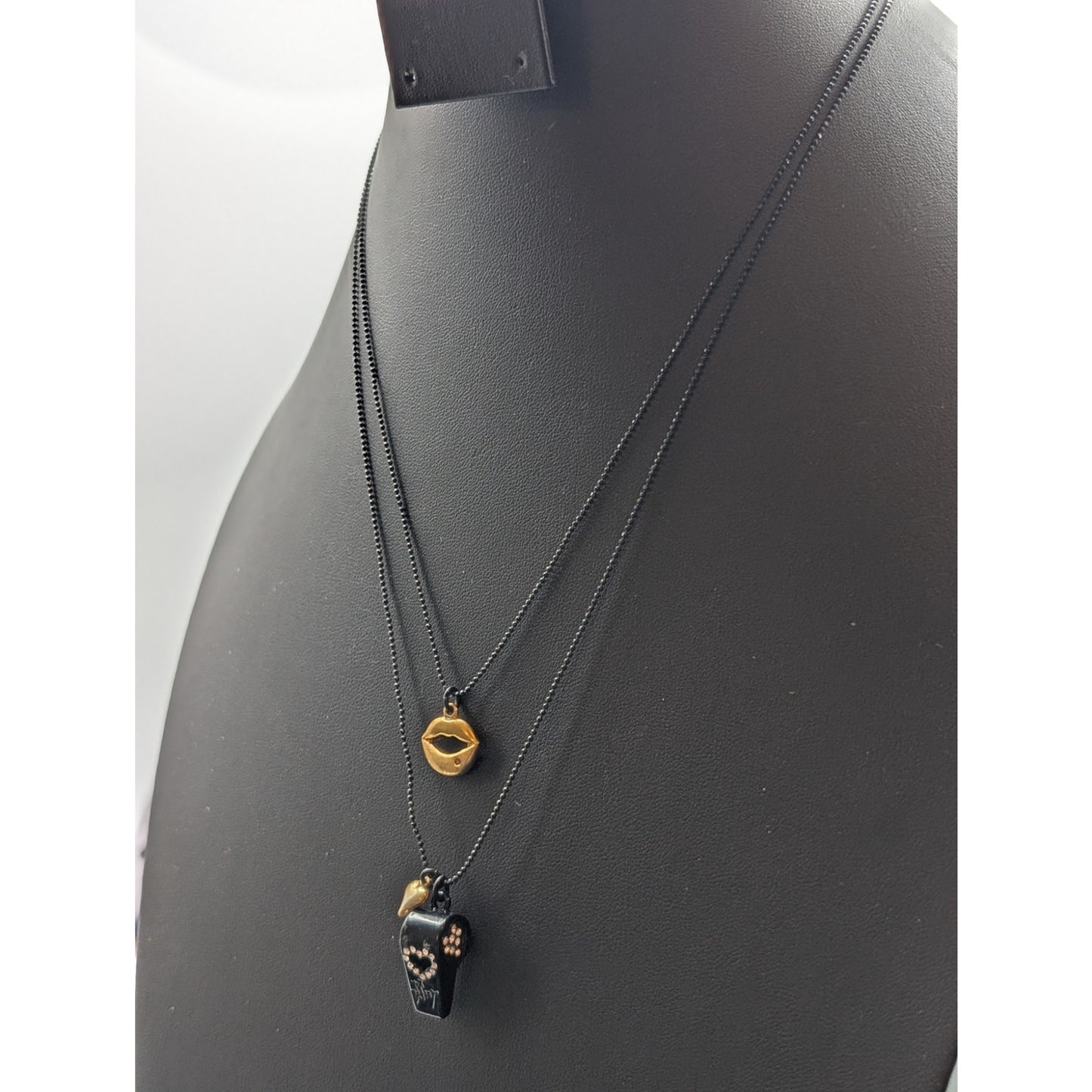 Betsey Johnson Black Gold Rhinestone Whistle Lips Heart Double Strand Necklace