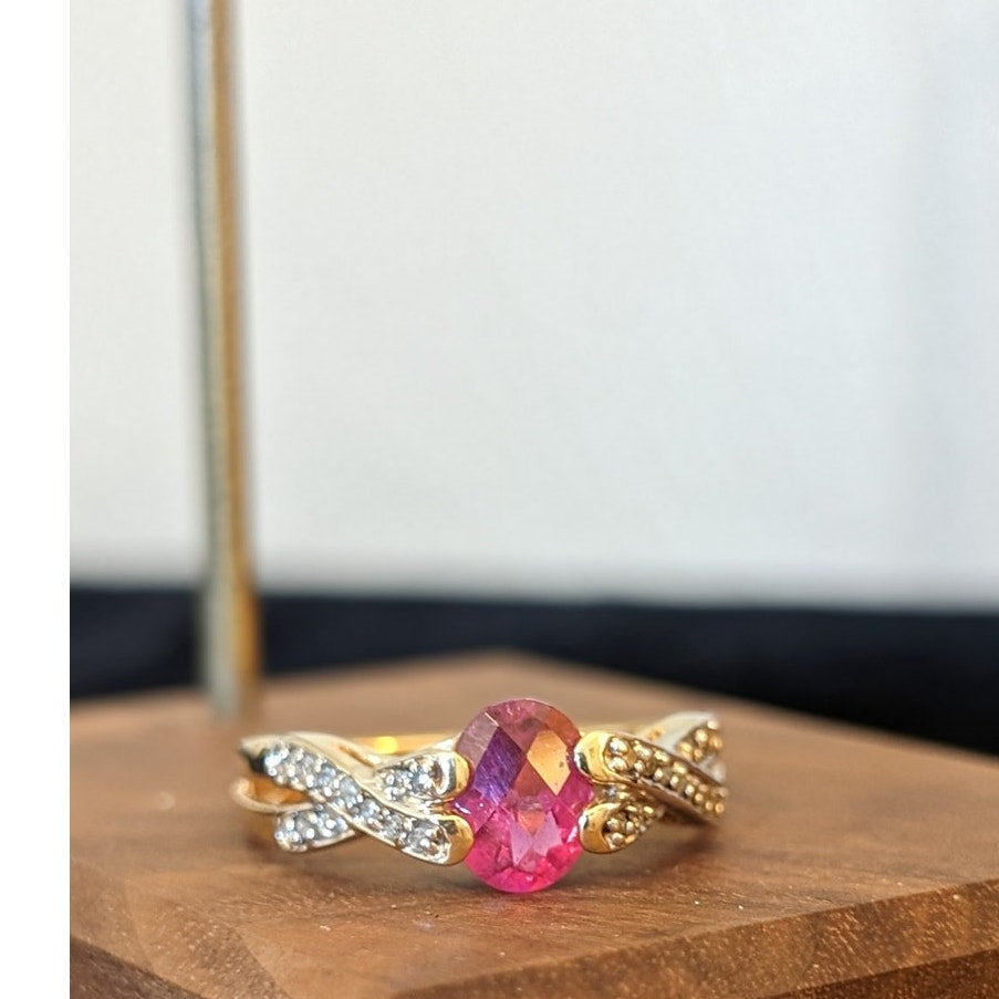 14K Gold Natural Pink Tourmaline & Diamond Criss Cross Band Ring Size 9.5
