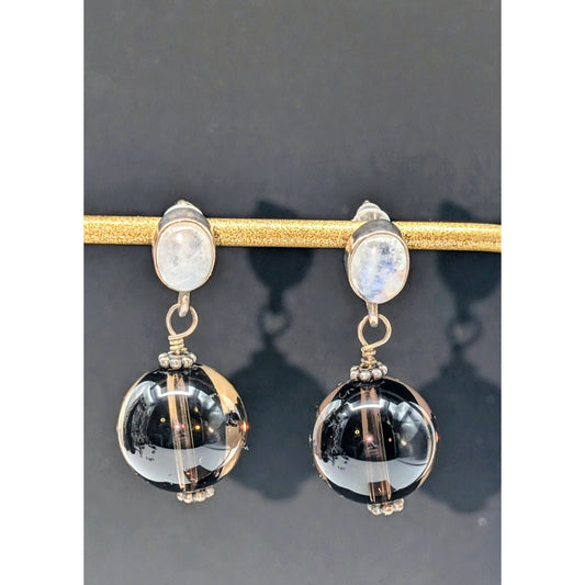 Vintage 925 Sterling Silver Moonstone Smoky Topaz Drop Dangle Earrings
