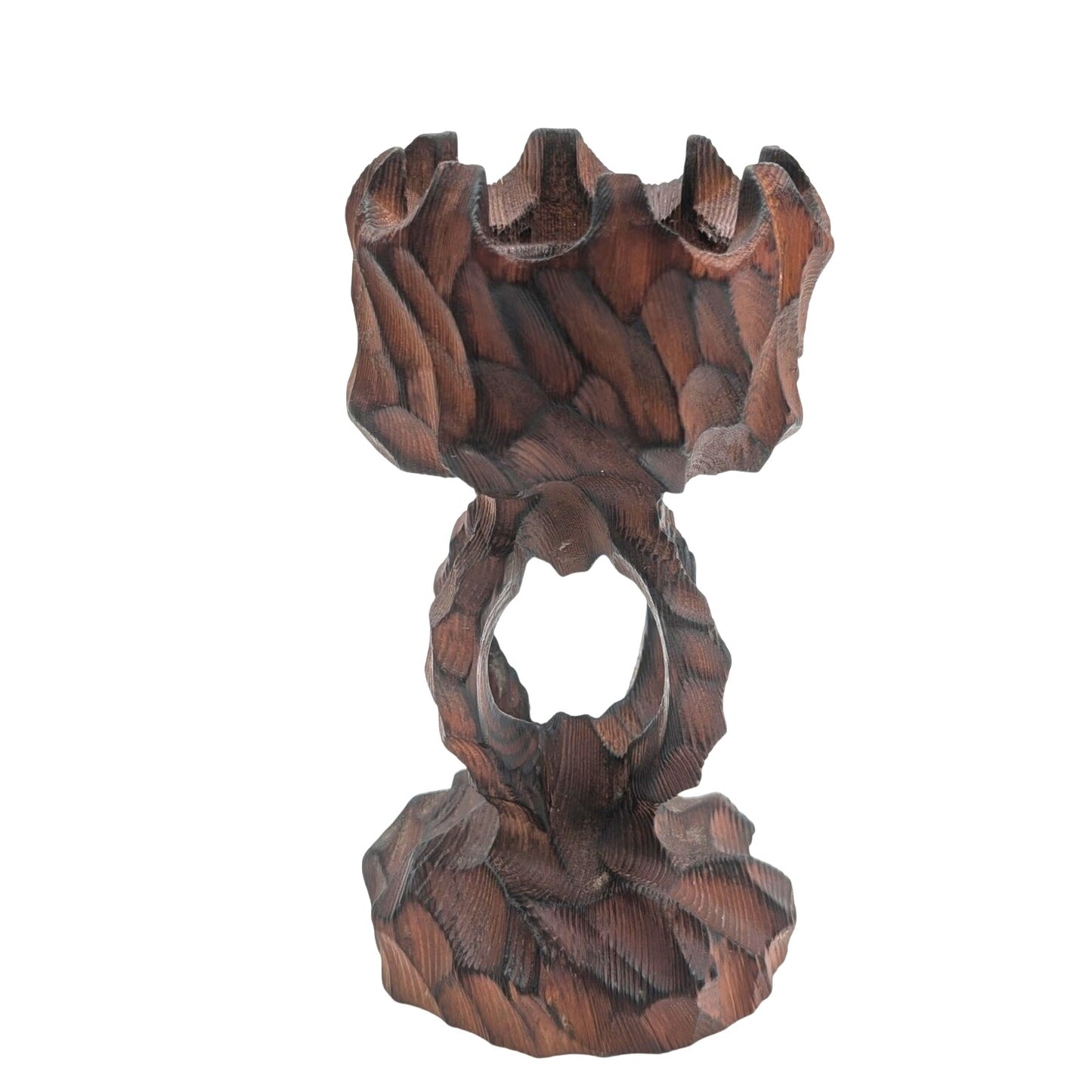 Vintage Mid-Century Modern Hand Carved Brutalist Sculpture Wooden Candle Holder