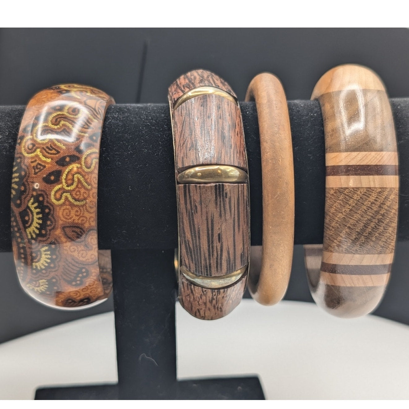 Lot of Four Wood/Wood Grain/Floral Print Brown Bangle Bracelets