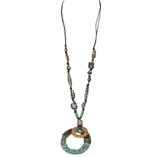 Vintage Earthy Boho Copper Multi-Layered Circle Pendant Rawhide Cord Necklace
