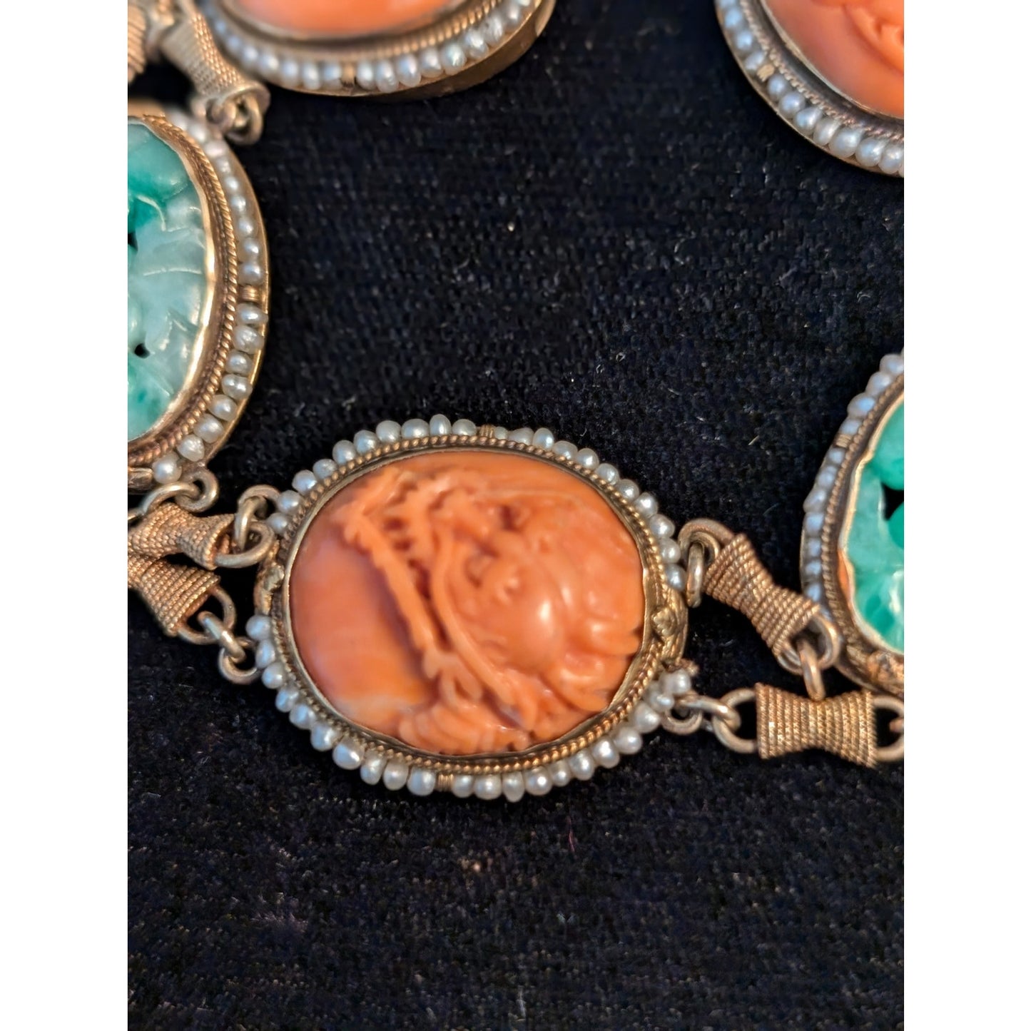 Antique Carved Green Jade Coral & Seed Pearl 14k Yellow Gold Bracelet