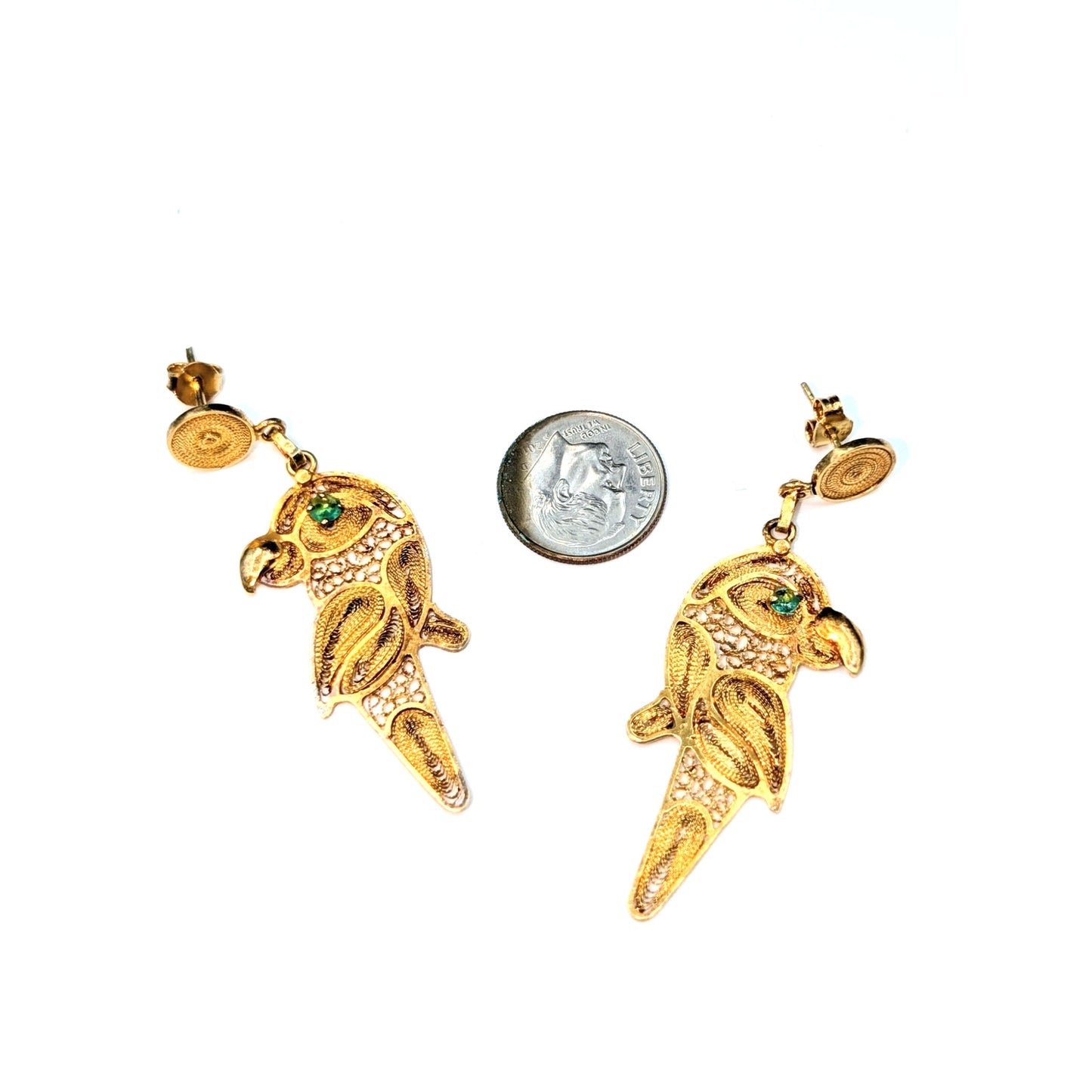 24K Gold Plated Artisan Created Filigree Parrot Dangle Pierced Earrings