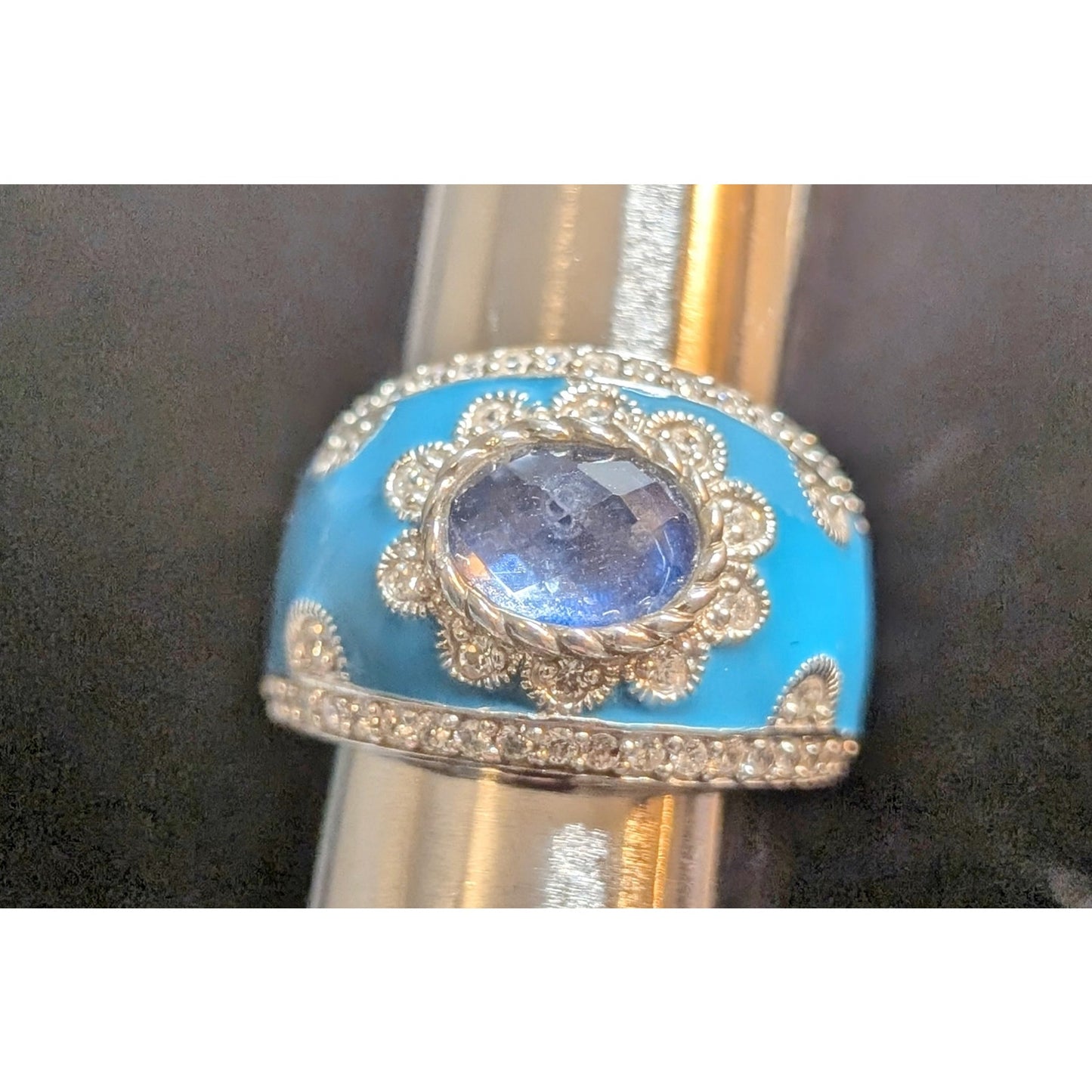 Judith Ripka Aqua Enamel Blue Spinel CZ 925 Sterling Cigar Band Ring Sz 5.75