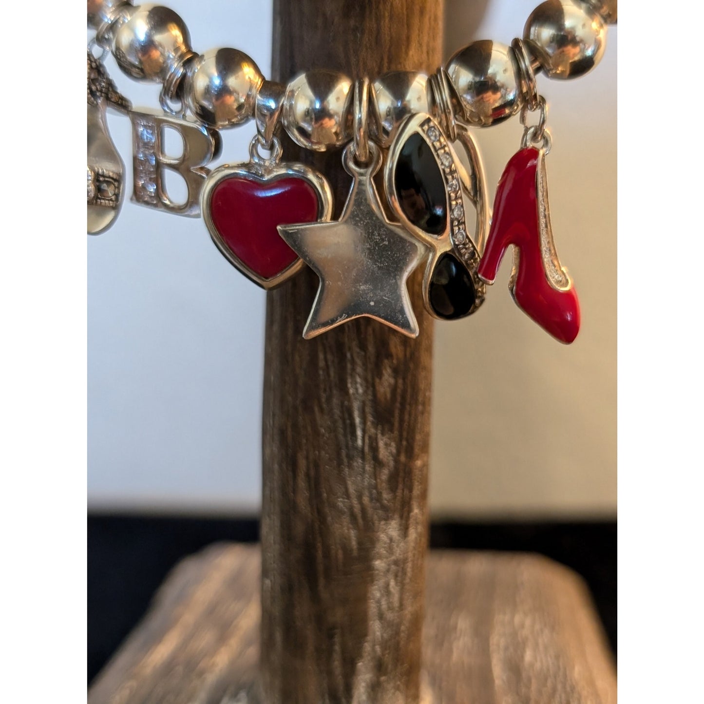 925 Sterling Ball Charm Silver Tone Cuff Bracelet W/ 11 Sliding Balls & 6 Charms