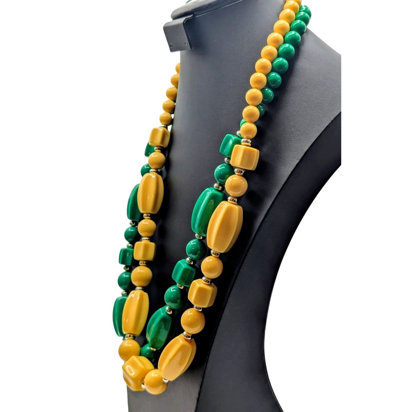 Vtg Lot of Two Green & Yellow Acrylic & Silver Tone Beaded Approx 30" Necklaces