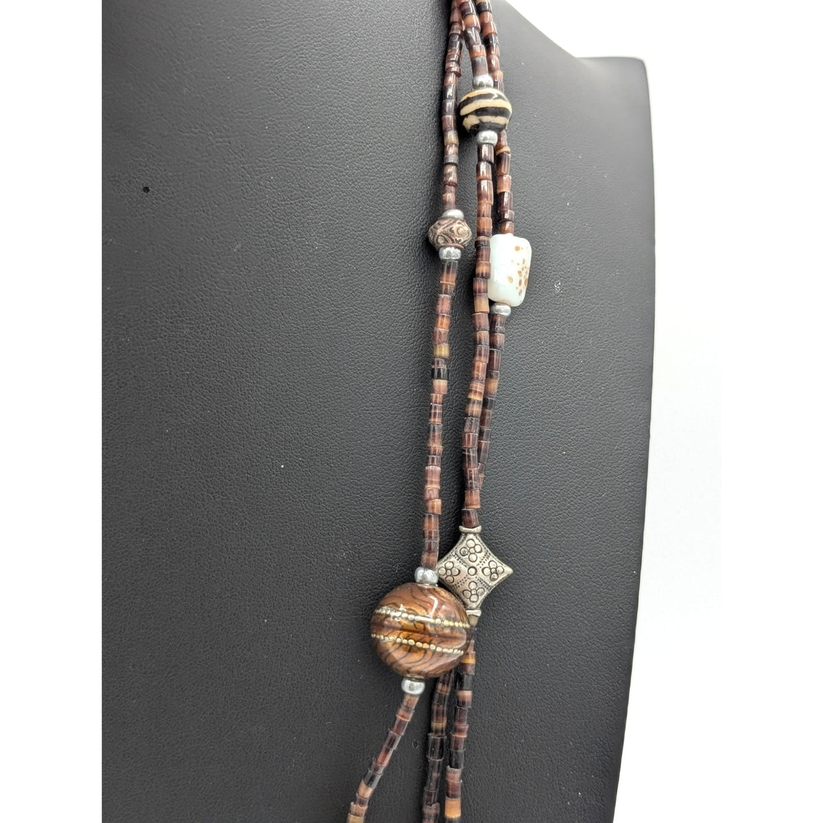Chico's Art Glass Brown/Copper Silver Tone Bead Three Strand Tribal 32" Necklace