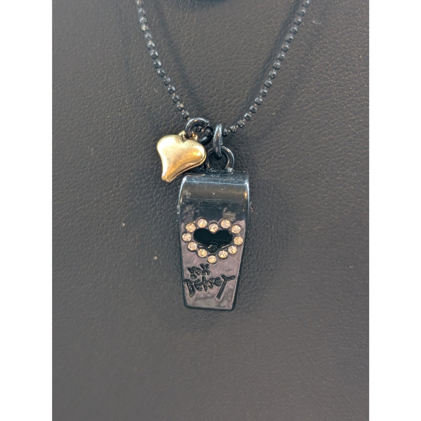 Betsey Johnson Black Gold Rhinestone Whistle Lips Heart Double Strand Necklace