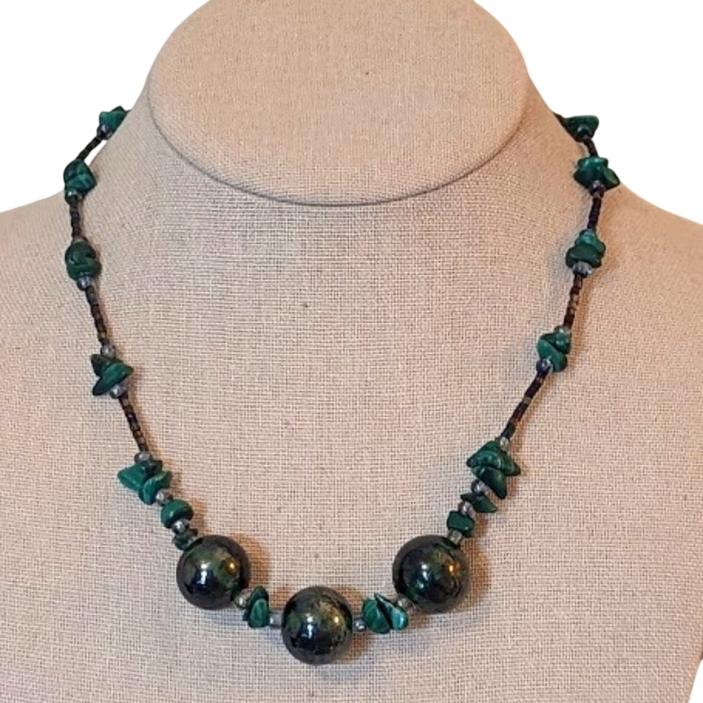 Vintage Green Glass Beads with Malachite Chip and Bead 16" Necklace