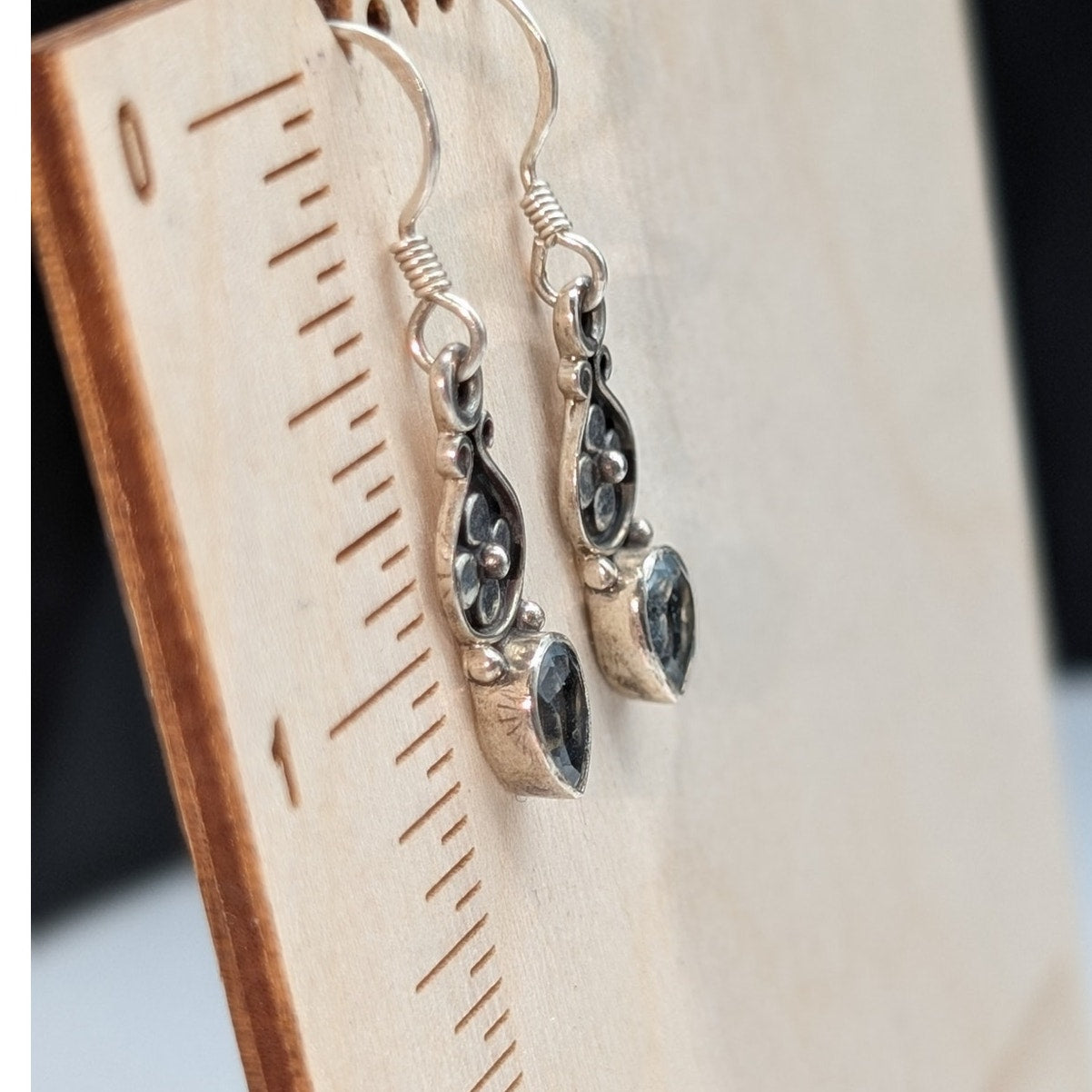 Vintage 925 Sterling Silver Blue Topaz Dangle Flower Earrings