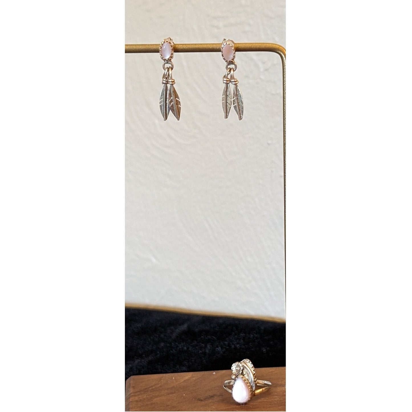 Native American Pink Stone Teardrop Ring Sz 4.75 & Feather Dangle Earring Set