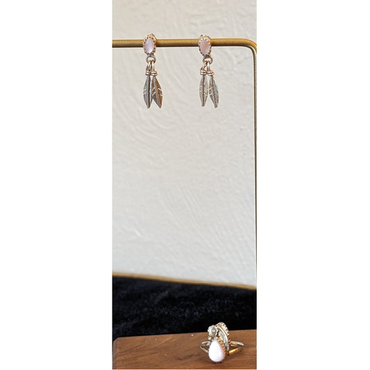 Native American Pink Stone Teardrop Ring Sz 4.75 & Feather Dangle Earring Set