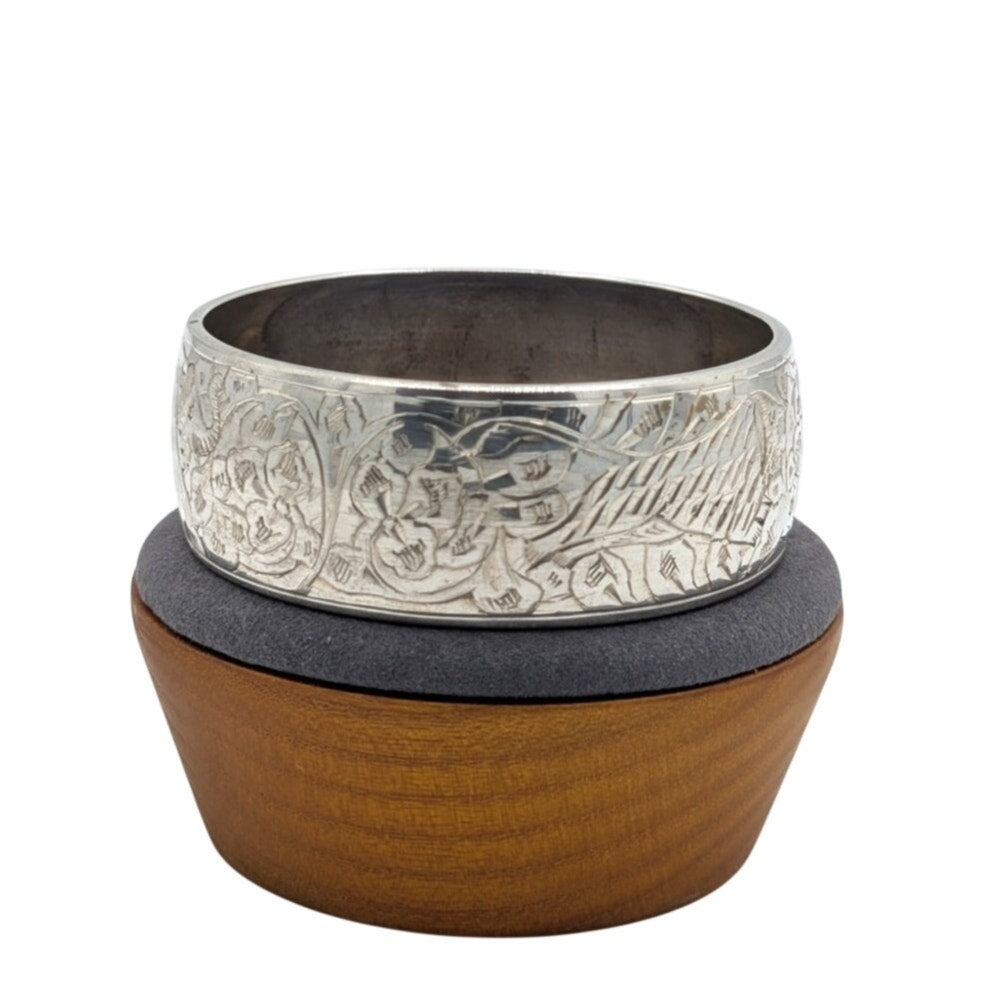 Vintage Silver Tone Engraved Floral Animal  1" Wide Bangle From India